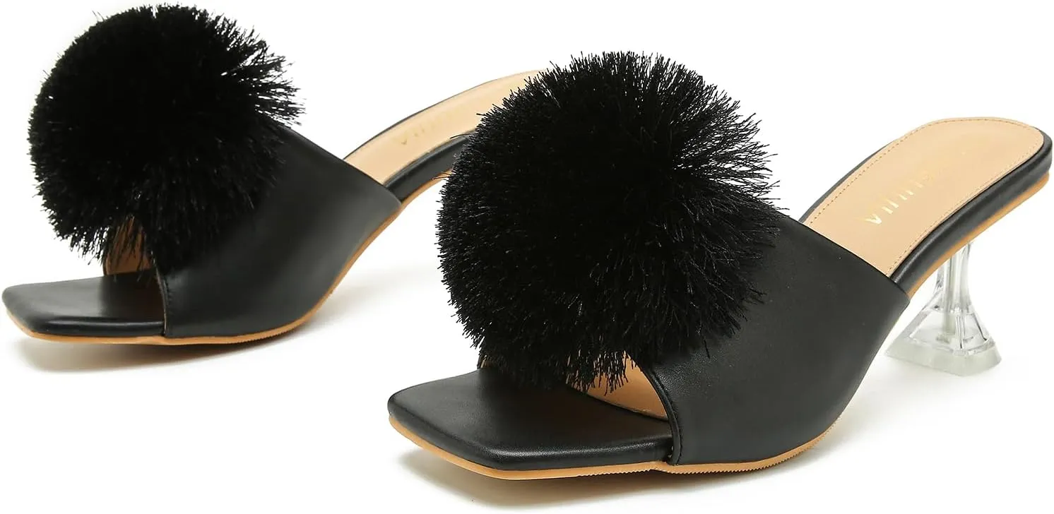 LIURUIJIA Womens Pom Poms Mule Heels Sandals Comfortable Square Toe Low Heels Party Wedding Shoes