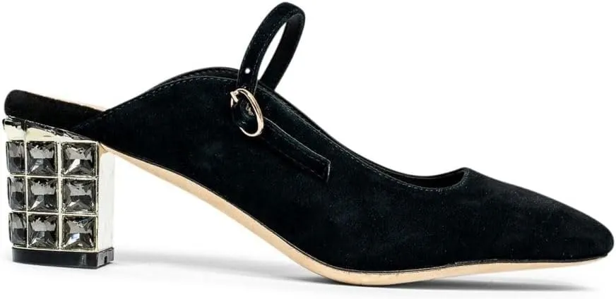 Lola Mid Heel Suede Mules for Women, Square Toe Slip-On Design with Block Rhinestone Crystal Heel, Stylish and Comfortable Heeled Mules for Parties, Weddings & Everyday Wear