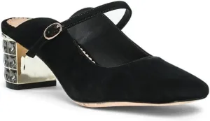 Lola Mid Heel Suede Mules for Women, Square Toe Slip-On Design with Block Rhinestone Crystal Heel, Stylish and Comfortable Heeled Mules for Parties, Weddings & Everyday Wear