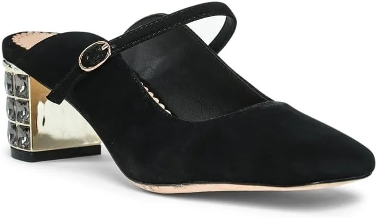 Lola Mid Heel Suede Mules for Women, Square Toe Slip-On Design with Block Rhinestone Crystal Heel, Stylish and Comfortable Heeled Mules for Parties, Weddings & Everyday Wear