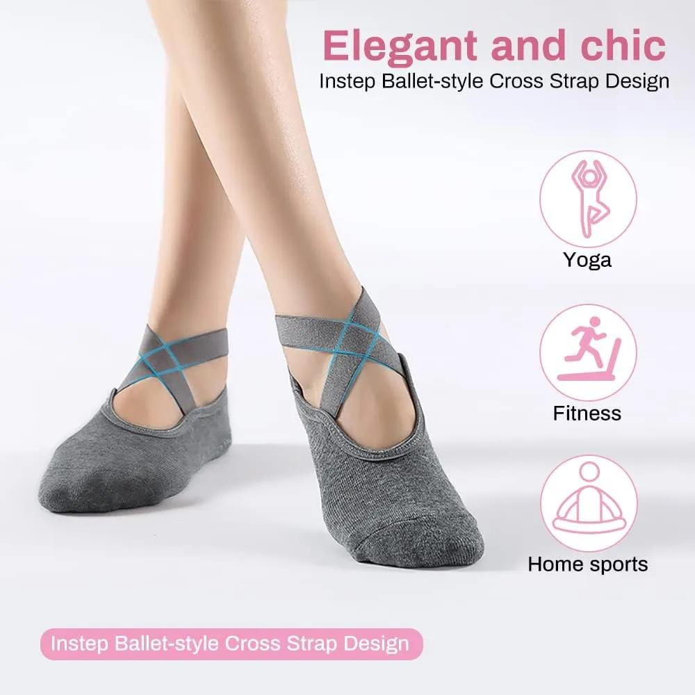 Luckit 6 Pairs Pilates Socks for Women, Non-Slip Yoga Socks with Grips & Straps for Barre, Ballet, Dance, Hospital, Barefoot