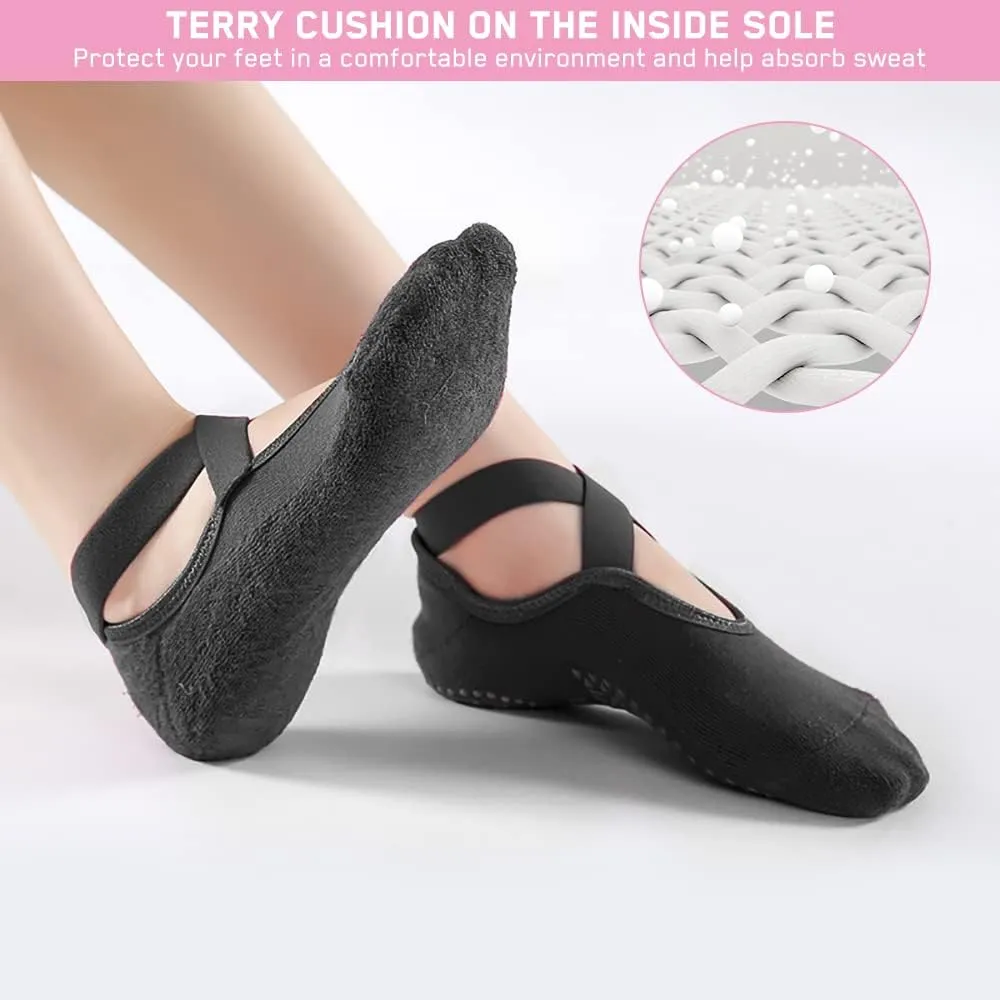 Luckit 6 Pairs Pilates Socks for Women, Non-Slip Yoga Socks with Grips & Straps for Barre, Ballet, Dance, Hospital, Barefoot