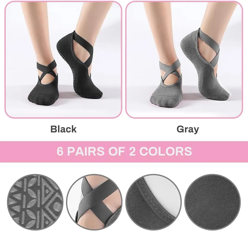 Luckit 6 Pairs Pilates Socks for Women, Non-Slip Yoga Socks with Grips & Straps for Barre, Ballet, Dance, Hospital, Barefoot