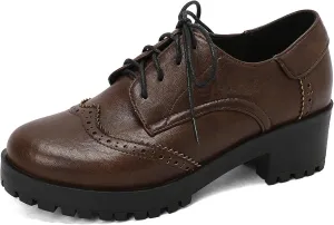 LUXMAX Woemn Lace Up Oxford Shoes Chunky Mid Heel Vintage Wingtip Saddle Shoes Platform Retro Comfortable Pumps