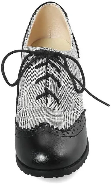 LUXMAX Womens Plaid Lace Up Wingtip Oxfords Brogues Shoes Stacked Block Heel Pumps