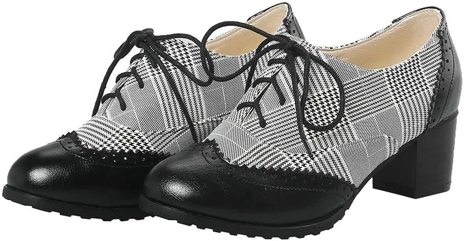 LUXMAX Womens Plaid Lace Up Wingtip Oxfords Brogues Shoes Stacked Block Heel Pumps