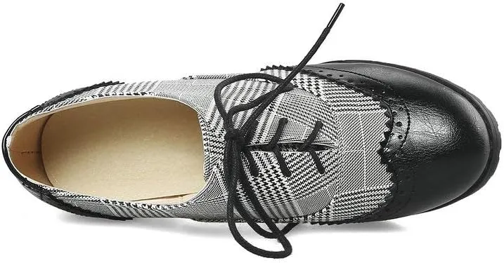 LUXMAX Womens Plaid Lace Up Wingtip Oxfords Brogues Shoes Stacked Block Heel Pumps