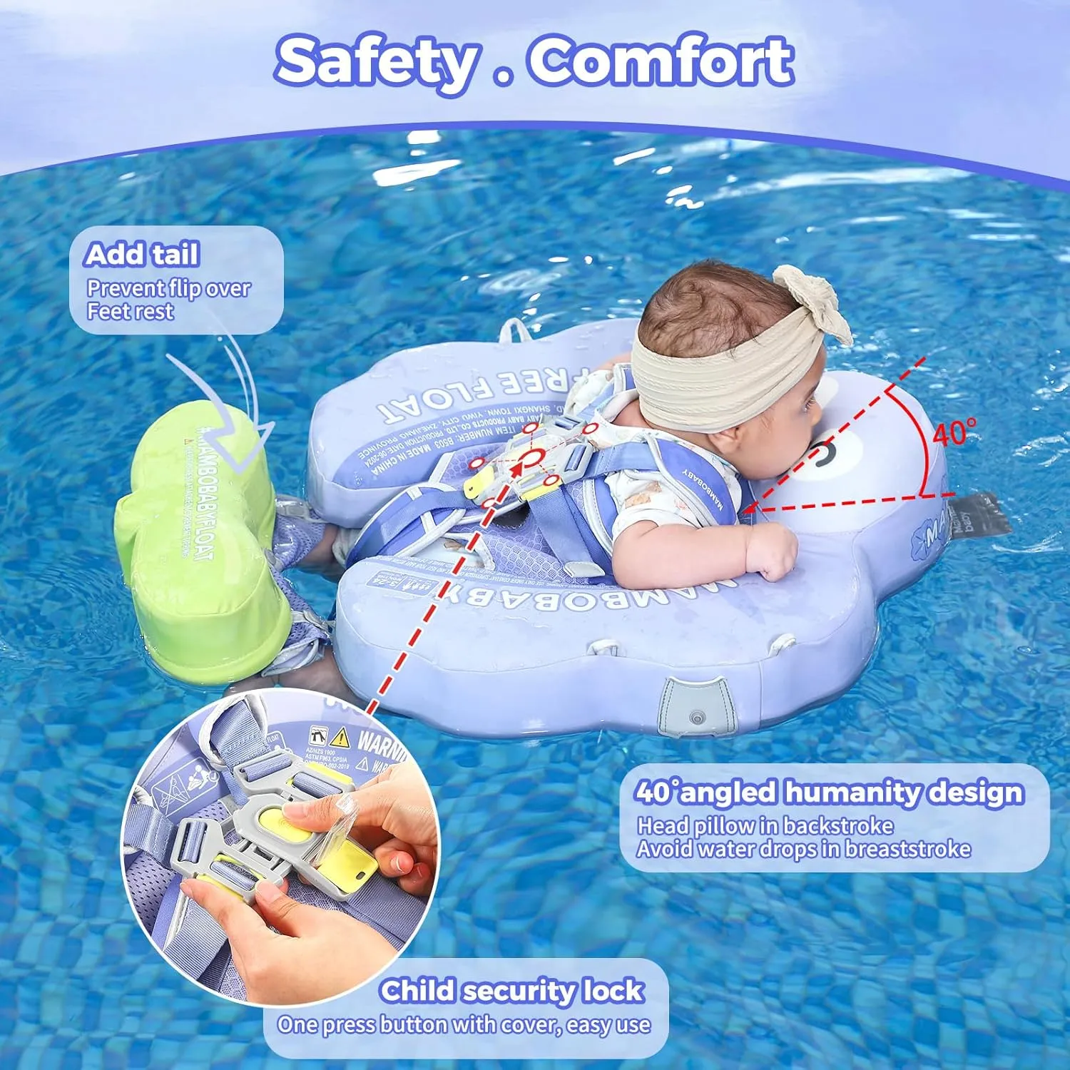 Mambobaby Non-Inflatable Baby Pool Float with Tail and Canopy UPF 50  Sun Protection No Flip Over Infant Swim Float Skin-Friendly Mambo Float Swim Trainer Solid Baby Swimming Ring Aged 3-24 Months