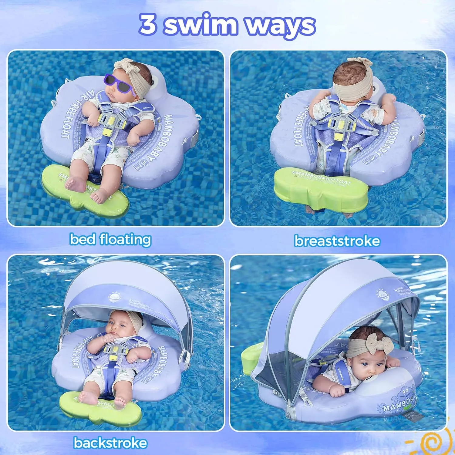 Mambobaby Non-Inflatable Baby Pool Float with Tail and Canopy UPF 50  Sun Protection No Flip Over Infant Swim Float Skin-Friendly Mambo Float Swim Trainer Solid Baby Swimming Ring Aged 3-24 Months