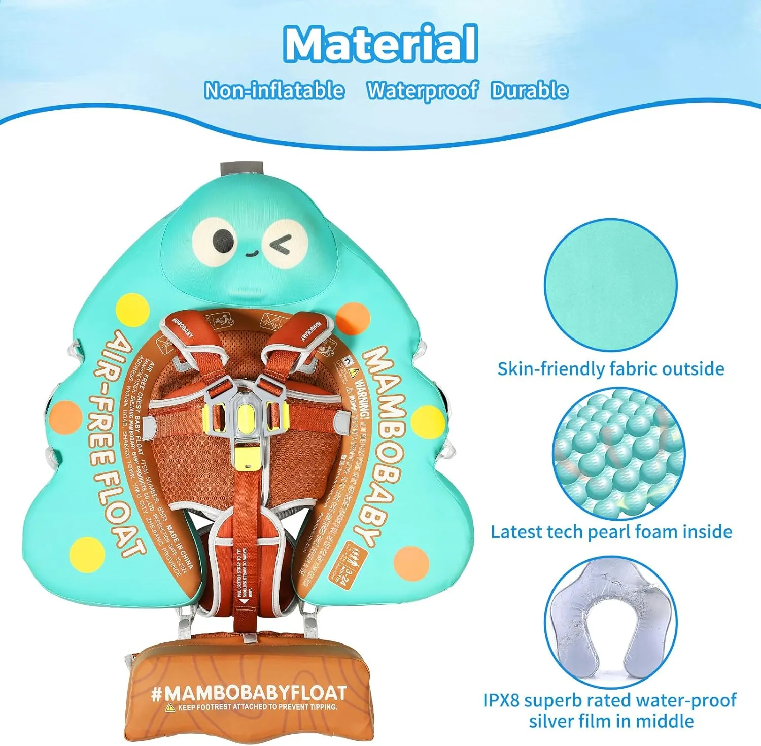 Mambobaby Non-Inflatable Baby Pool Float with Tail and Canopy UPF 50  Sun Protection No Flip Over Infant Swim Float Skin-Friendly Mambo Float Swim Trainer Solid Baby Swimming Ring Aged 3-24 Months