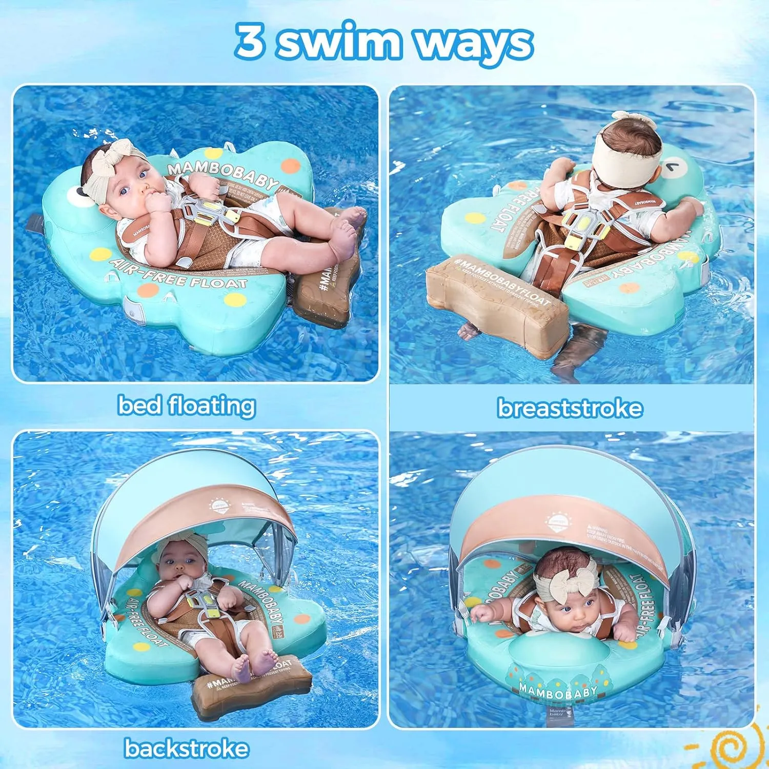 Mambobaby Non-Inflatable Baby Pool Float with Tail and Canopy UPF 50  Sun Protection No Flip Over Infant Swim Float Skin-Friendly Mambo Float Swim Trainer Solid Baby Swimming Ring Aged 3-24 Months