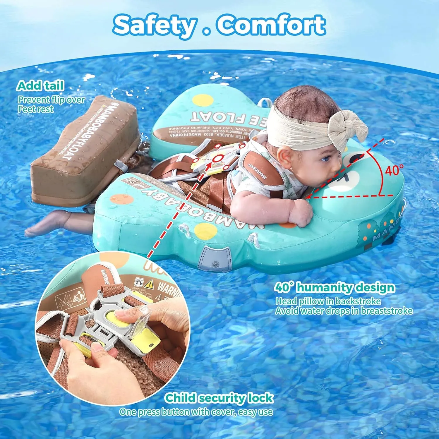 Mambobaby Non-Inflatable Baby Pool Float with Tail and Canopy UPF 50  Sun Protection No Flip Over Infant Swim Float Skin-Friendly Mambo Float Swim Trainer Solid Baby Swimming Ring Aged 3-24 Months