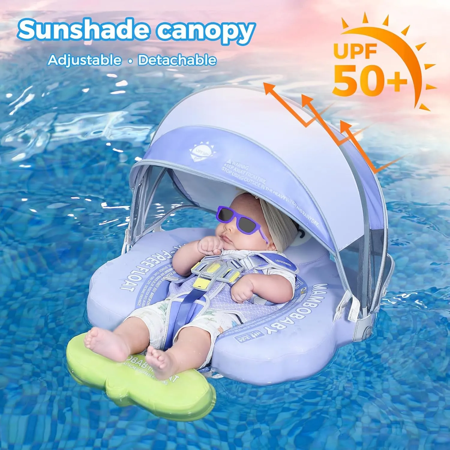 Mambobaby Non-Inflatable Baby Pool Float with Tail and Canopy UPF 50  Sun Protection No Flip Over Infant Swim Float Skin-Friendly Mambo Float Swim Trainer Solid Baby Swimming Ring Aged 3-24 Months