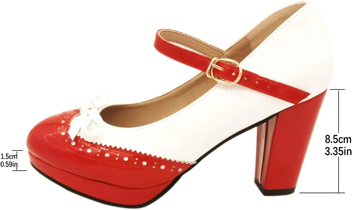 Mary Jane Heels for Women Lolita Pumps Platform Cute Comfy Bow Decor Mixed Colours JK Cosplay Strappy Shoes