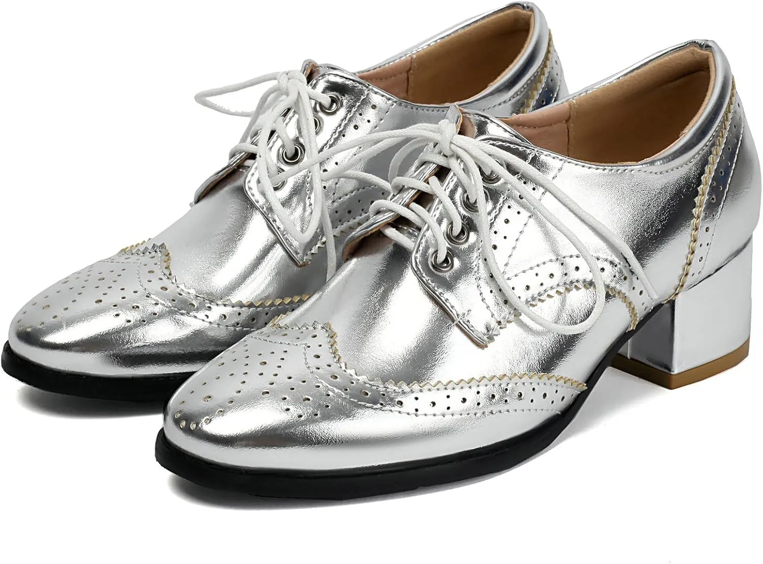 Meefit Women Lace Up Oxford Shoes Perforated Wingtip Shoes Chunky Heel Brogue Shoes,Round Toe Saddle Oxford Shoes