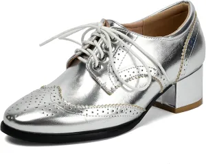 Meefit Women Lace Up Oxford Shoes Perforated Wingtip Shoes Chunky Heel Brogue Shoes,Round Toe Saddle Oxford Shoes