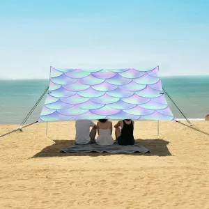 Meimaid Scale Beach Canopy Tent Anti-UV & Wind Resistant, Purple Glitter Camping Sun Shelter Easy Setup Portable,Outdoor Shade Tents with Sandbags,Sand Shovels,Ground Pegs & Stability Poles