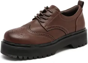 MEMON Womens Vintage Oxford Shoes,Lace up Casual Loafers for Women,Round Toe Low Heel Chunky Black Platform Oxfords,Brogues Dress Shoes