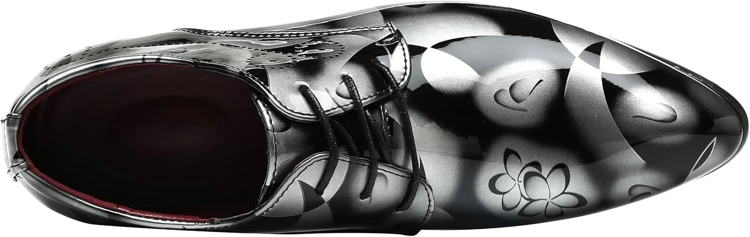 Men Fashion Shoes Dress Pointed Toe Floral Patent Leather Lace Up Oxford Black Brown Red Grey