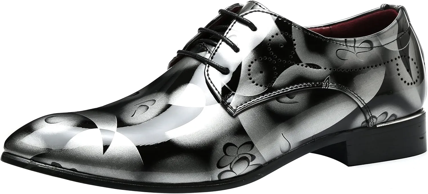 Men Fashion Shoes Dress Pointed Toe Floral Patent Leather Lace Up Oxford Black Brown Red Grey