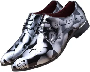 Men Fashion Shoes Dress Pointed Toe Floral Patent Leather Lace Up Oxford Black Brown Red Grey