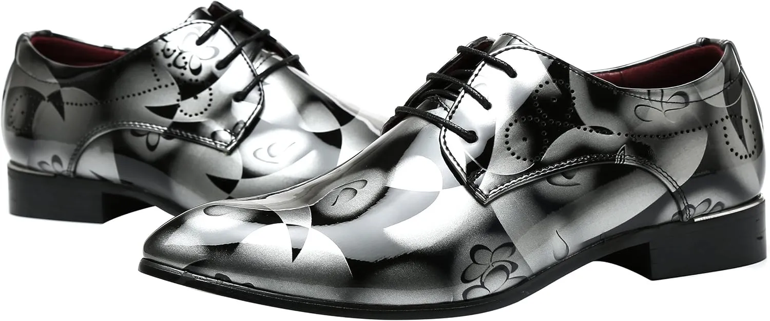 Men Fashion Shoes Dress Pointed Toe Floral Patent Leather Lace Up Oxford Black Brown Red Grey