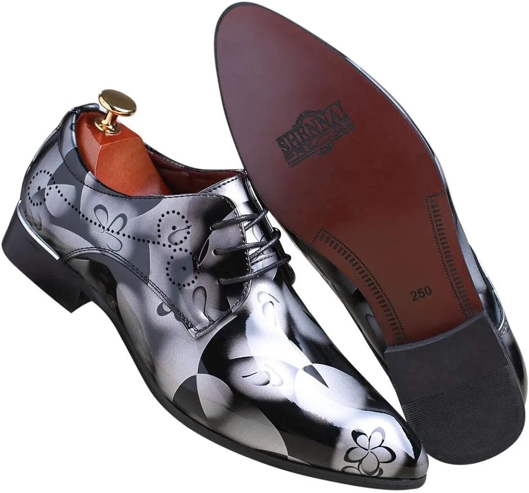 Men Fashion Shoes Dress Pointed Toe Floral Patent Leather Lace Up Oxford Black Brown Red Grey