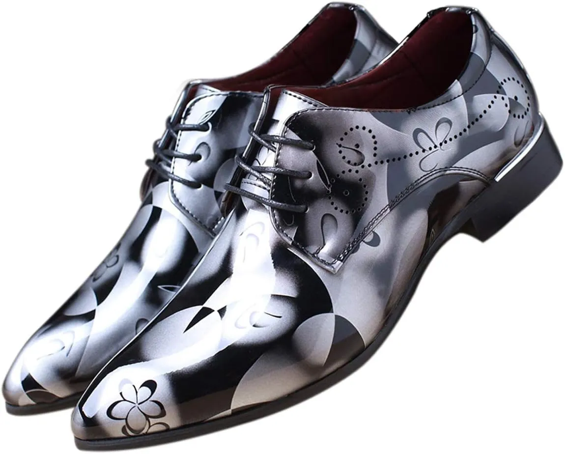 Men Fashion Shoes Dress Pointed Toe Floral Patent Leather Lace Up Oxford Black Brown Red Grey