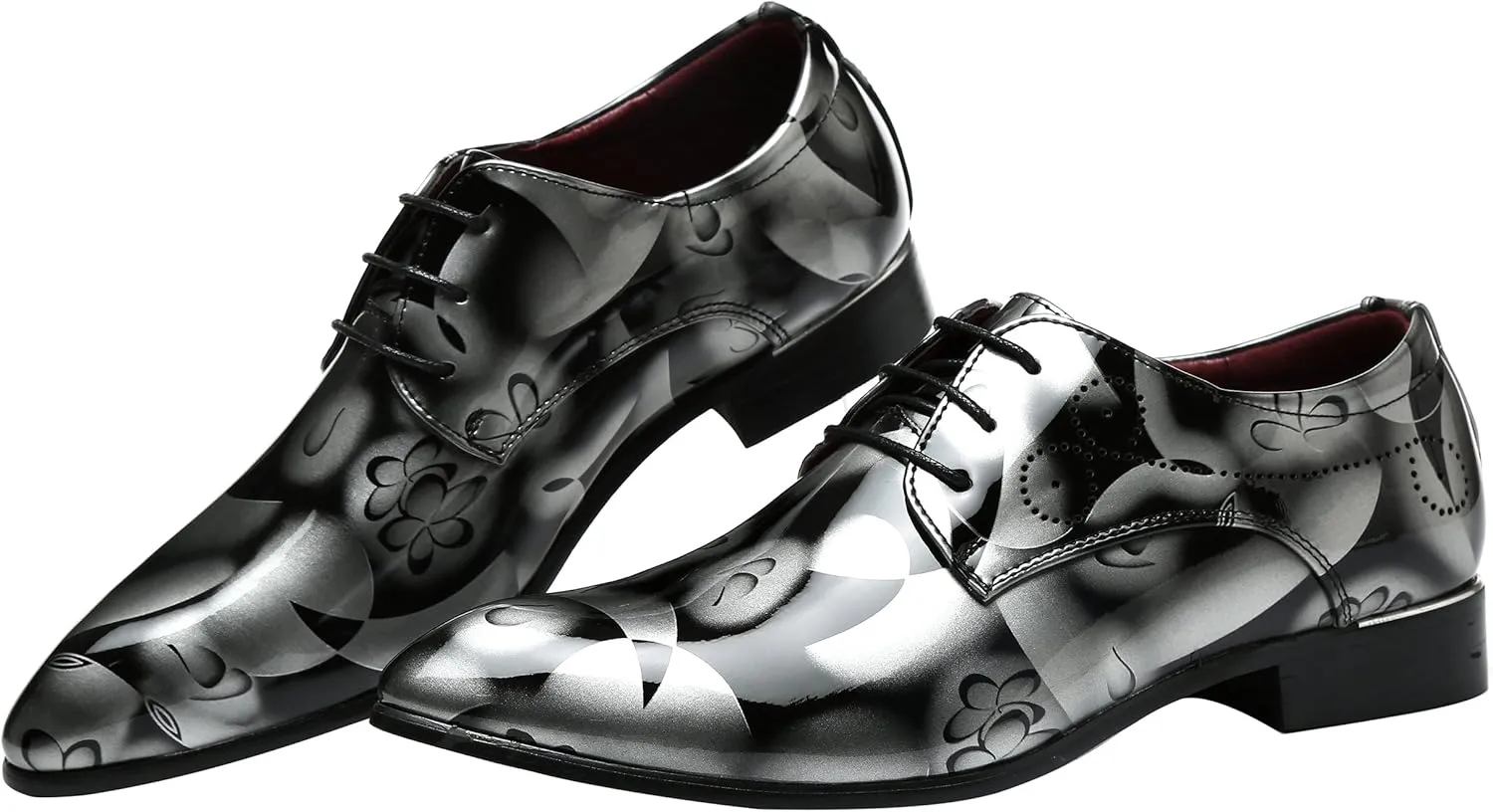 Men Fashion Shoes Dress Pointed Toe Floral Patent Leather Lace Up Oxford Black Brown Red Grey