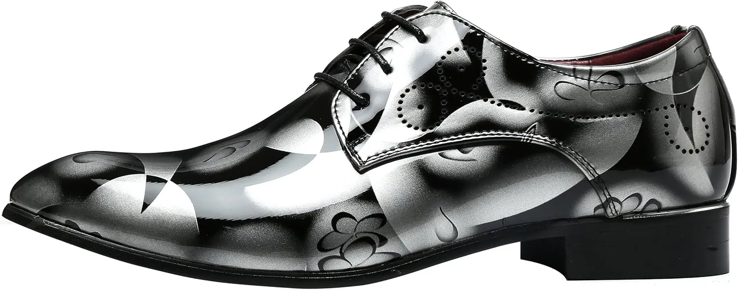 Men Fashion Shoes Dress Pointed Toe Floral Patent Leather Lace Up Oxford Black Brown Red Grey