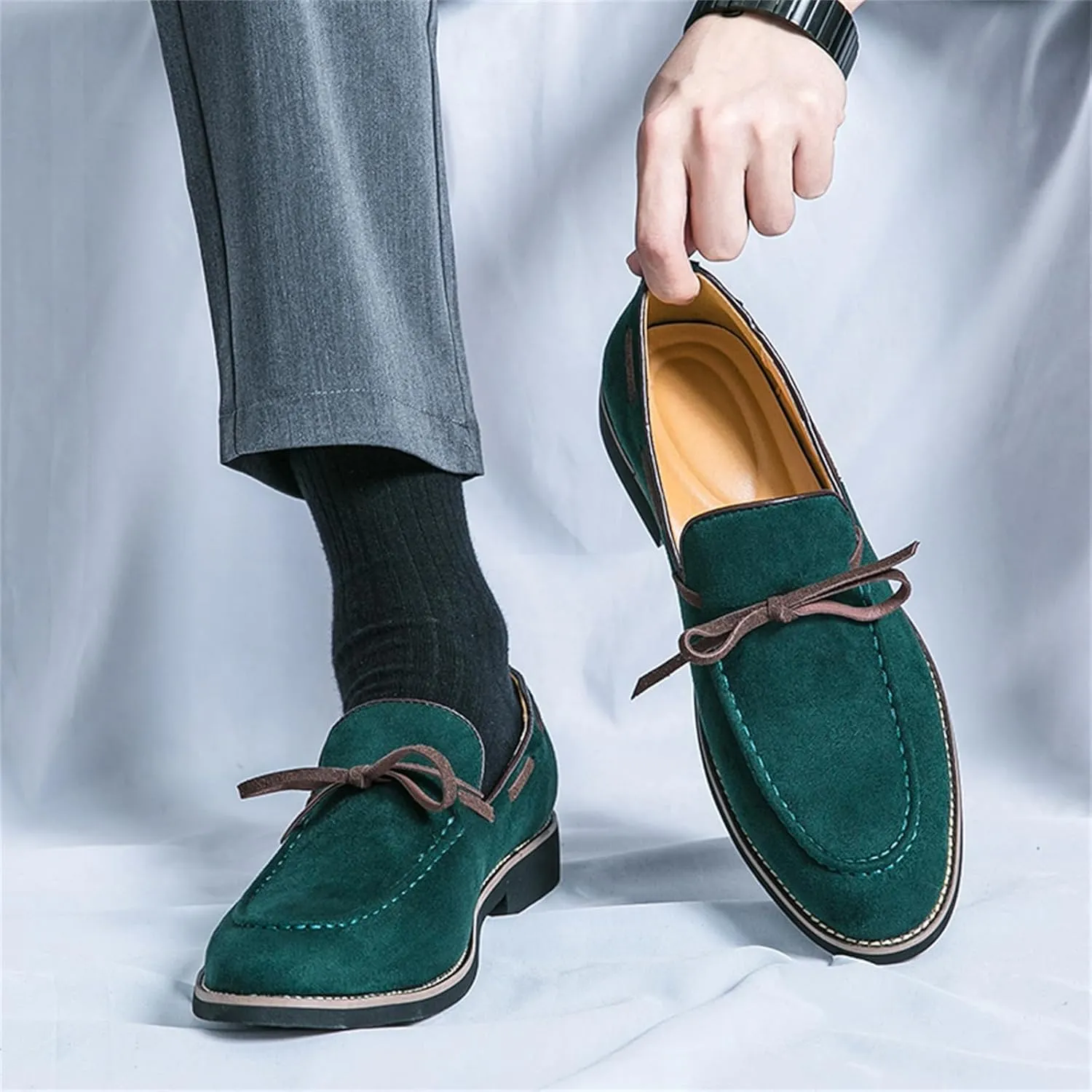 Men's Bow Suede Slip on Casual Loafers Low Top Lightweight Non-Slip Flats Driving Boat Shoes for Business Work Office