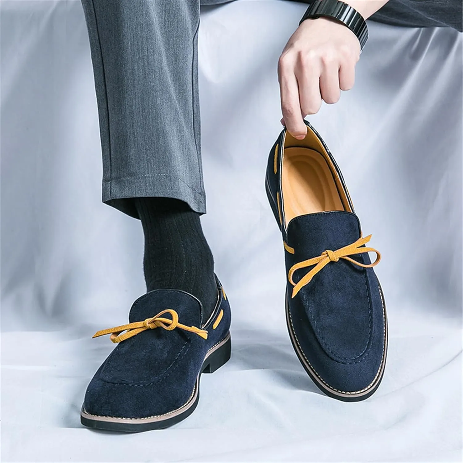 Men's Bow Suede Slip on Casual Loafers Low Top Lightweight Non-Slip Flats Driving Boat Shoes for Business Work Office