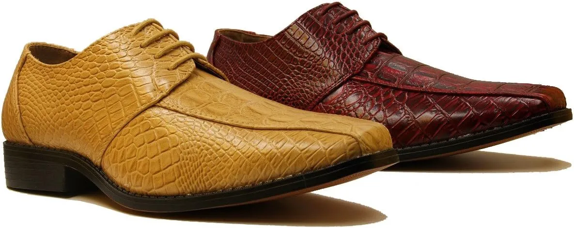Men's Crocodile Skin Pattern Front Round Thick Laces Dress Oxford Shoes