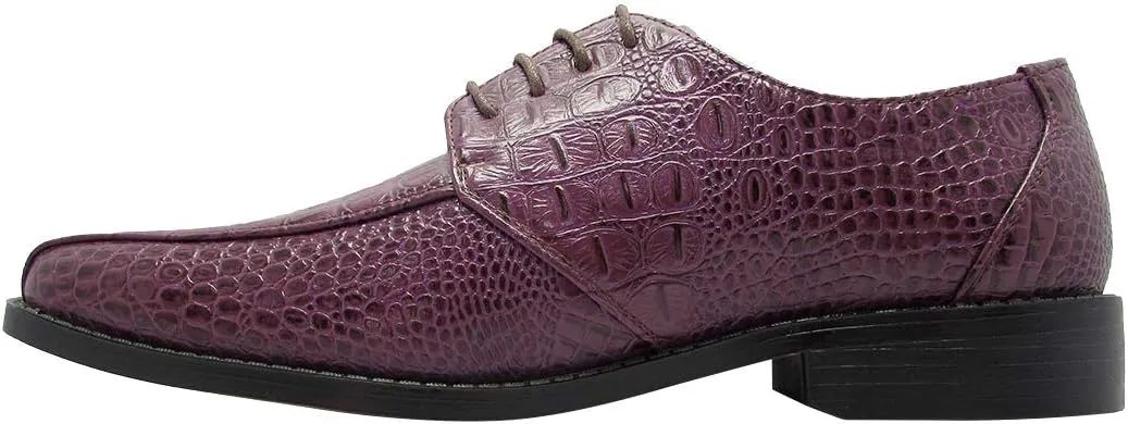 Men's Crocodile Skin Pattern Front Round Thick Laces Dress Oxford Shoes