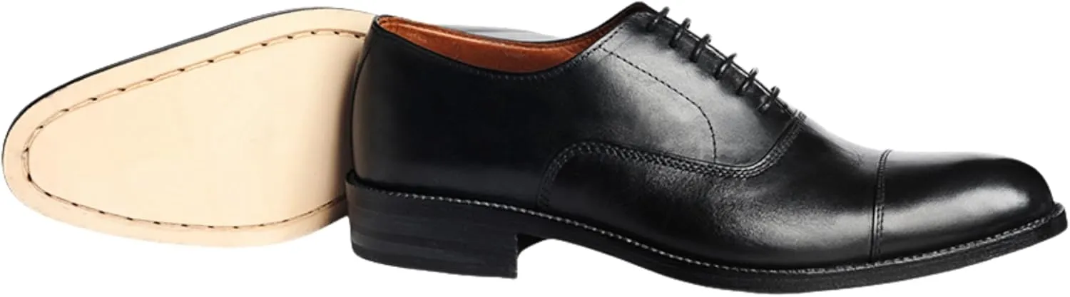 Men's Dress Shoes | Genuine Leather Cap Toe Oxford Shoes Men Lace-Up Comfortable Rubber Sole