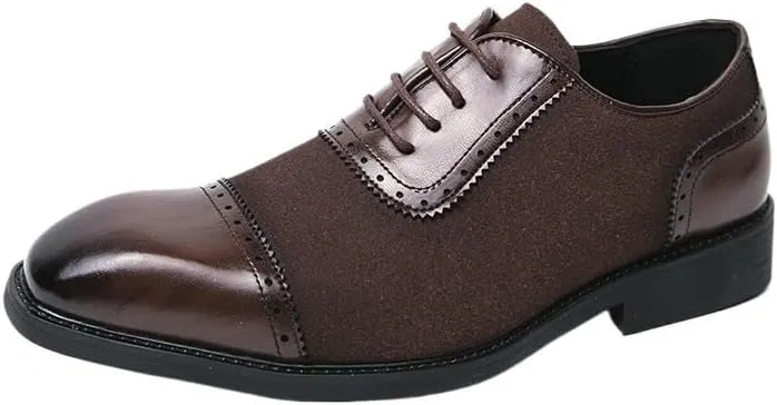 Men's Fashion Classic Suede Patchwork Lace-up Loafers, Pointed Toe Brown & Black Formal Wedding Dress Shoes, Oxford for Men
