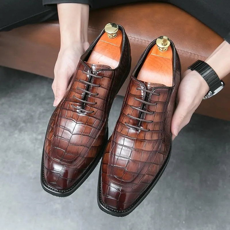 Men's Genuine Leather Oxford Shoes Low Top Formal Business Soft Rubber Sole Dress Shoes Non-Slip Waterproof Formal Derby Shoes(Brown,7.5)