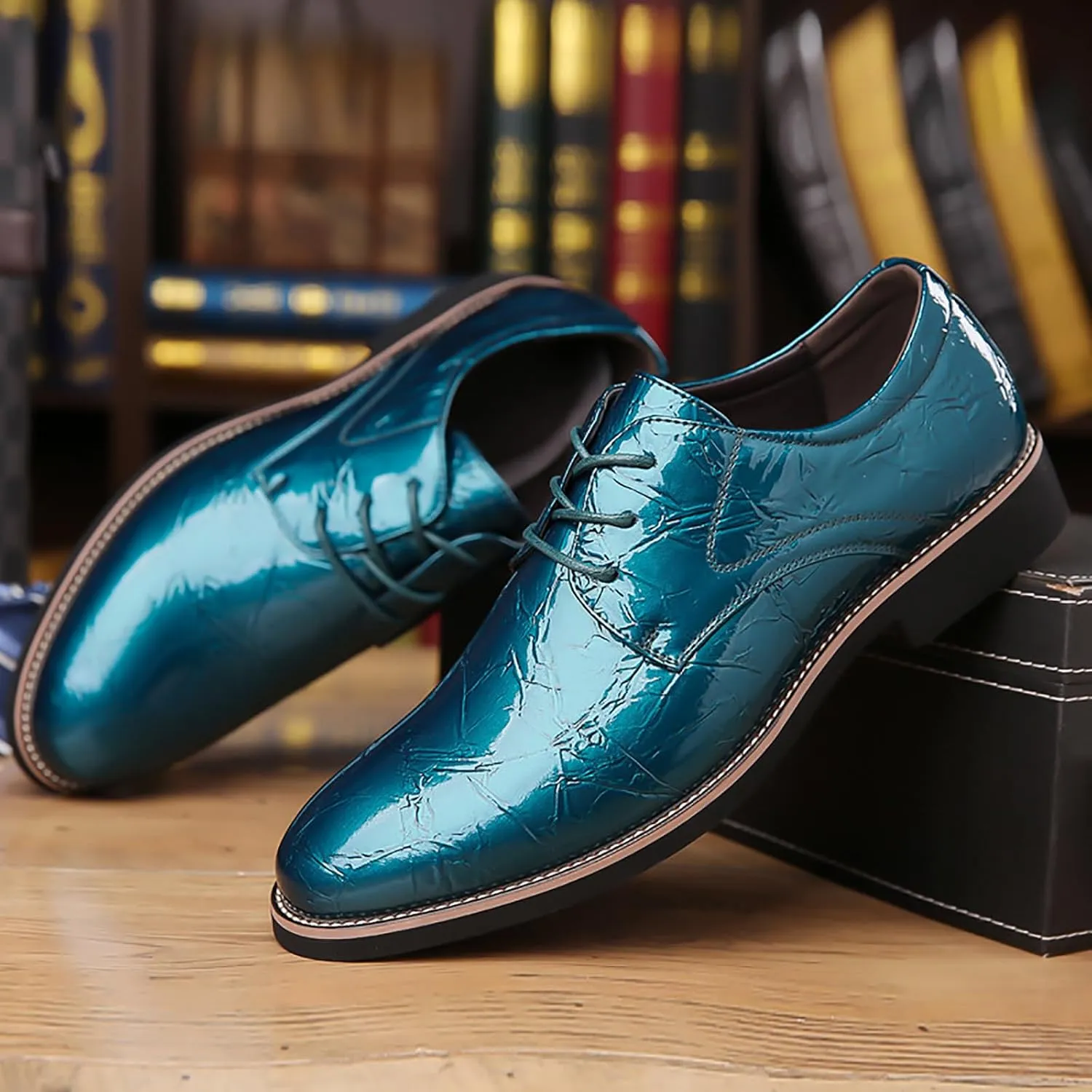 Men's High Gloss Low Chunky Heel Oxford Shoes Classic Lace Up Glitter Faux Patent Leather Tuxedo Derby Dress Shoes for Wedding Prom Business