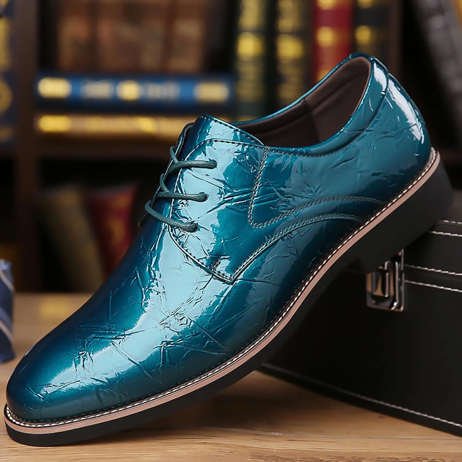 Men's High Gloss Low Chunky Heel Oxford Shoes Classic Lace Up Glitter Faux Patent Leather Tuxedo Derby Dress Shoes for Wedding Prom Business