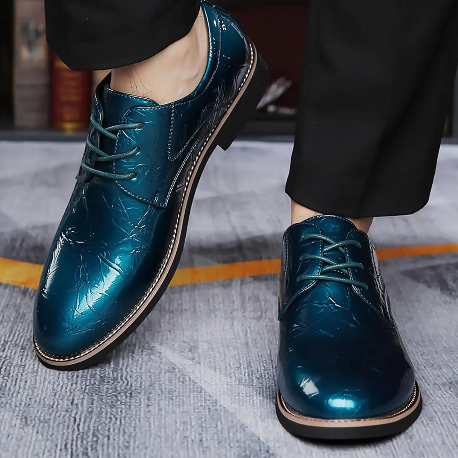 Men's High Gloss Low Chunky Heel Oxford Shoes Classic Lace Up Glitter Faux Patent Leather Tuxedo Derby Dress Shoes for Wedding Prom Business
