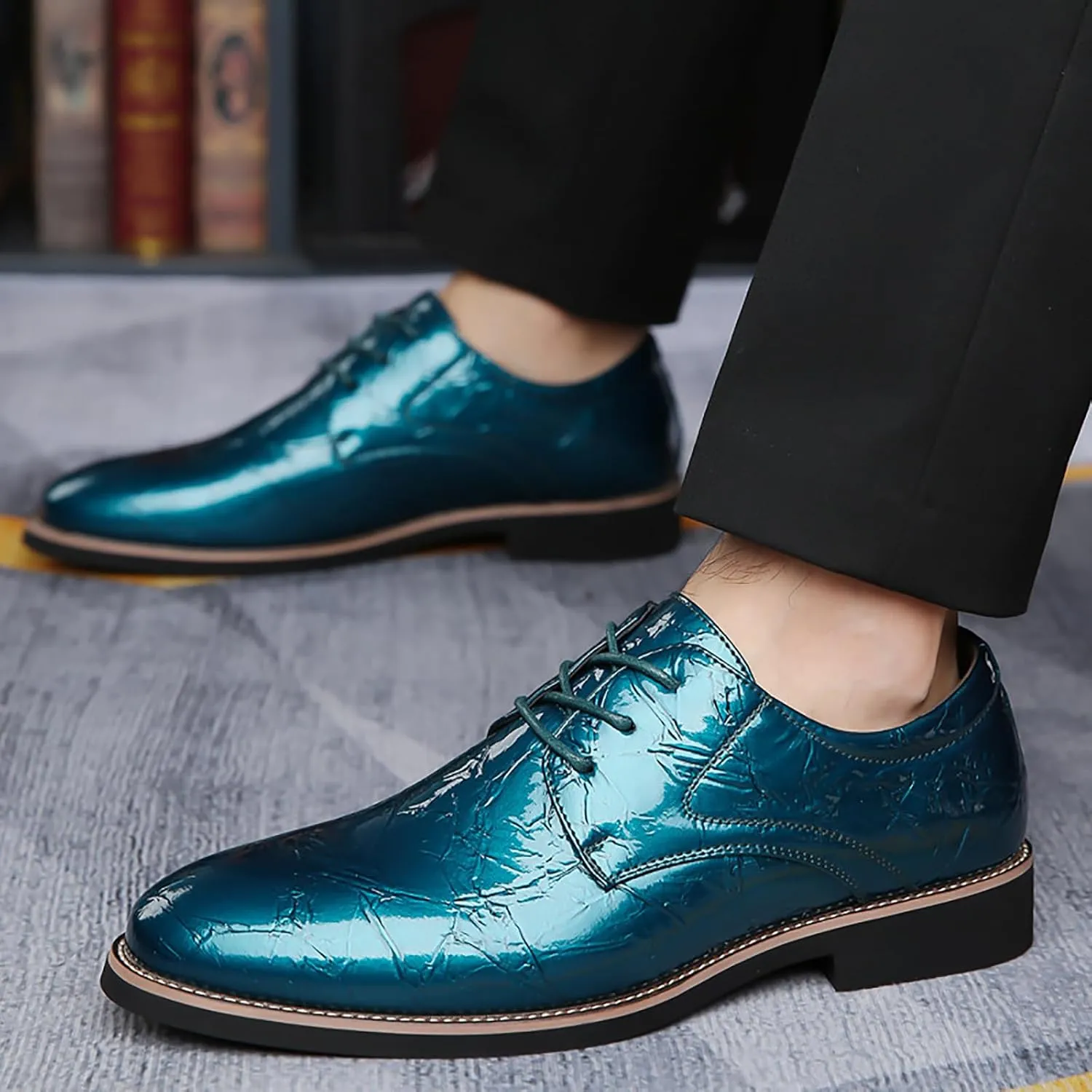 Men's High Gloss Low Chunky Heel Oxford Shoes Classic Lace Up Glitter Faux Patent Leather Tuxedo Derby Dress Shoes for Wedding Prom Business