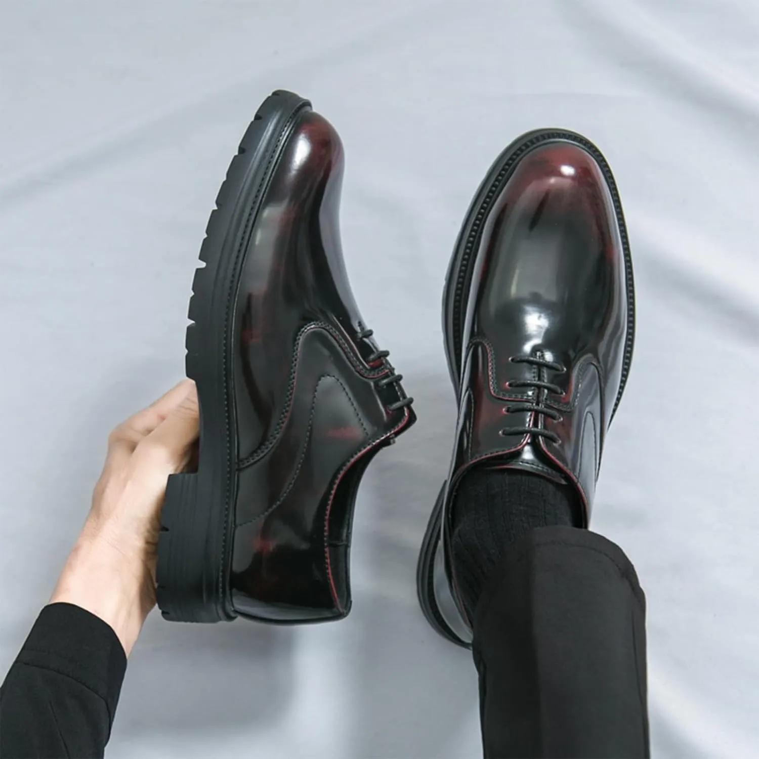 Men's Leather Dress Platform Oxford Shoes Classic Round Toe Lace Up Comfort Non Slip Casual Derby Shoes for Business Office Wedding