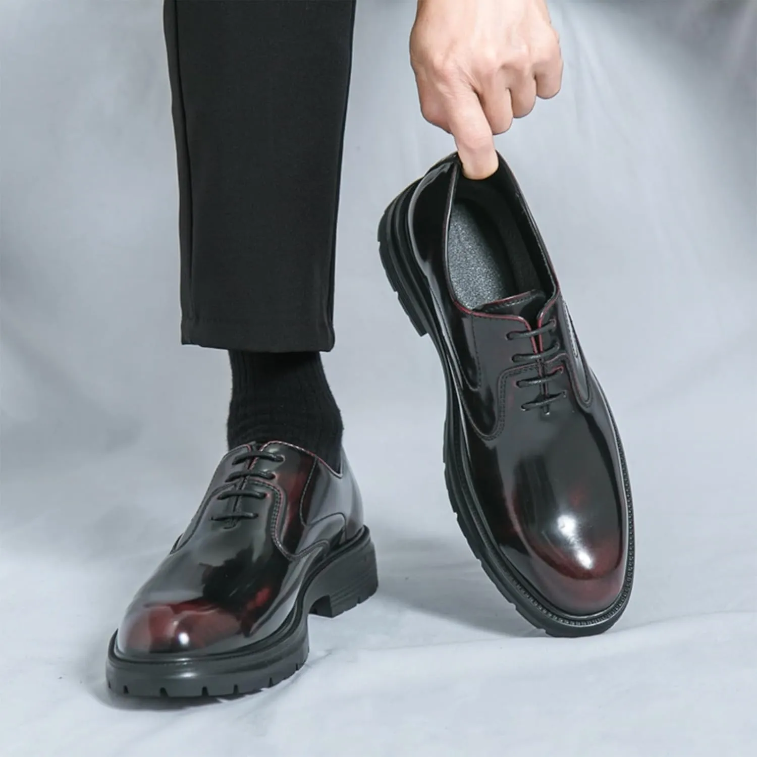 Men's Leather Dress Platform Oxford Shoes Classic Round Toe Lace Up Comfort Non Slip Casual Derby Shoes for Business Office Wedding