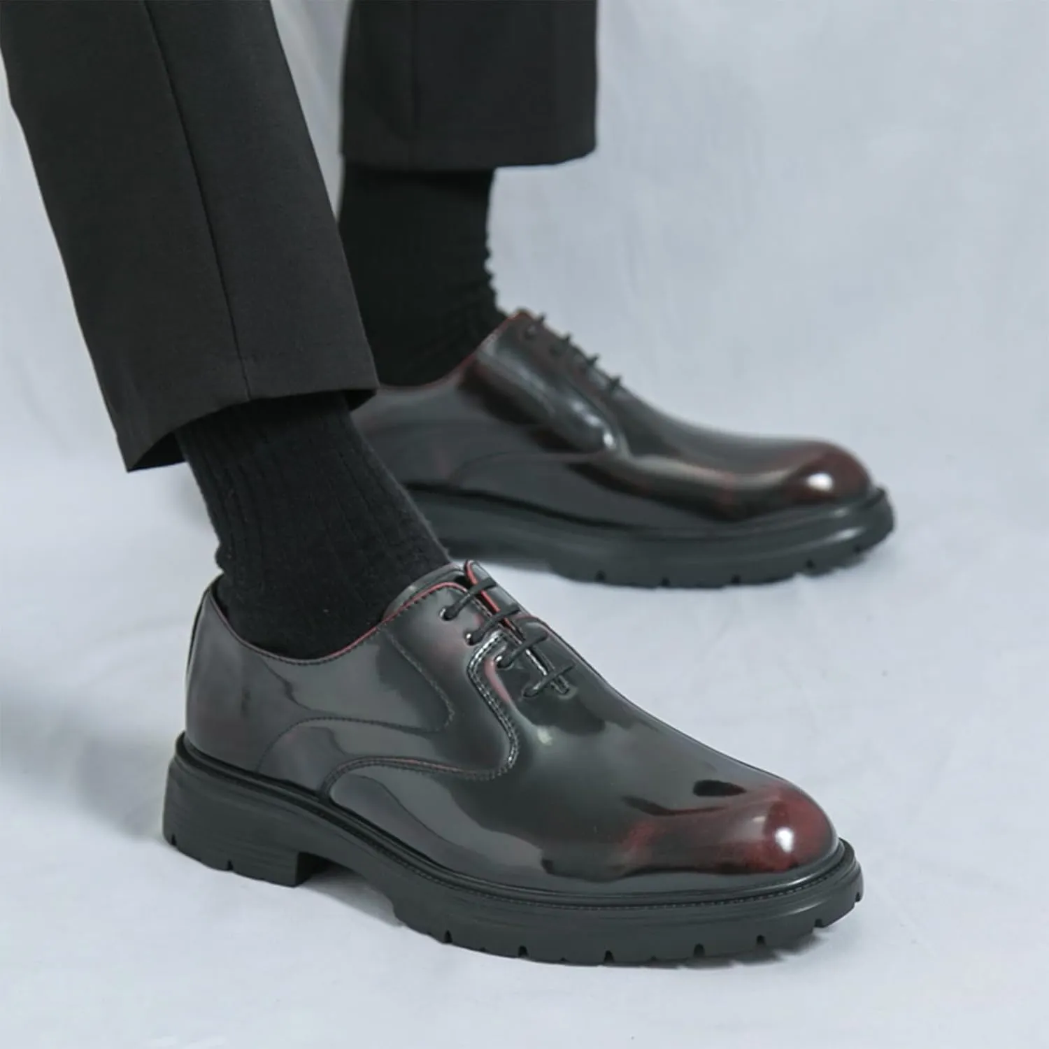 Men's Leather Dress Platform Oxford Shoes Classic Round Toe Lace Up Comfort Non Slip Casual Derby Shoes for Business Office Wedding