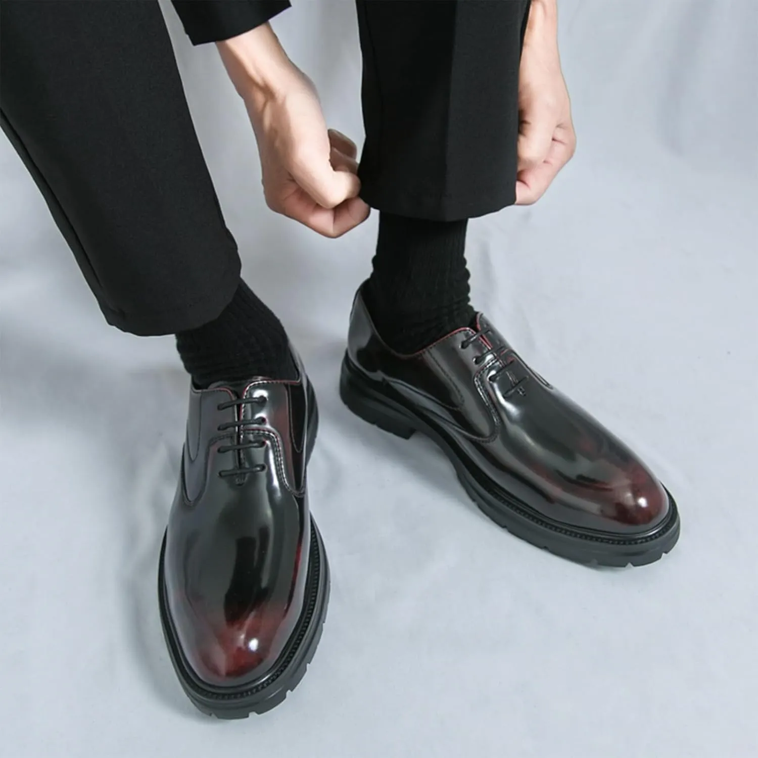 Men's Leather Dress Platform Oxford Shoes Classic Round Toe Lace Up Comfort Non Slip Casual Derby Shoes for Business Office Wedding