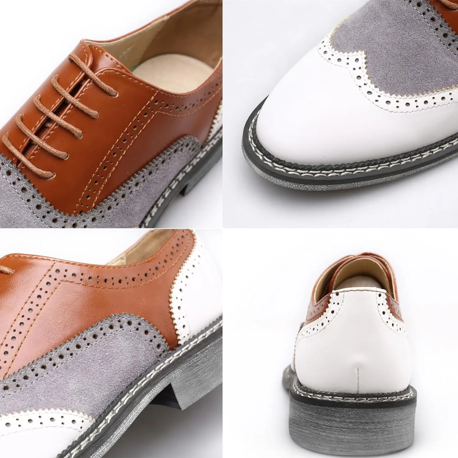 Men's Leather lace-up Brogues Dress Oxford Shoes Classic Wingtip Two Tone Derby Gatsby Prom Shoes Fashion Round Toe Business Formal Leather Shoes