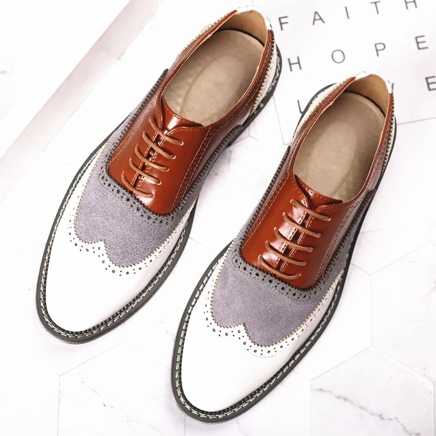 Men's Leather lace-up Brogues Dress Oxford Shoes Classic Wingtip Two Tone Derby Gatsby Prom Shoes Fashion Round Toe Business Formal Leather Shoes
