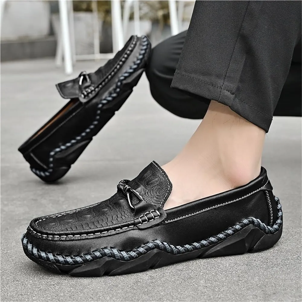 Mens Loafers Shoe Round Toe Crocodile Print Leather Flat Heel Resistant Comfortable Party Classic Slip On