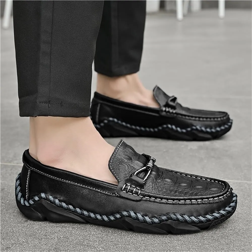Mens Loafers Shoe Round Toe Crocodile Print Leather Flat Heel Resistant Comfortable Party Classic Slip On