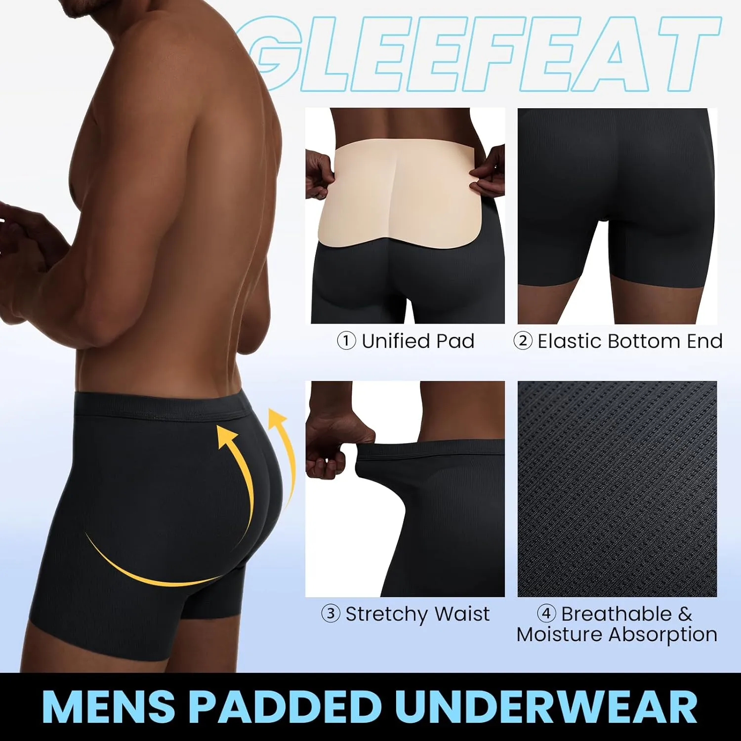 Men's Padded Underwear Boxer Briefs Tummy Control Body Shaper Shapewear Enhance Butt Lifter